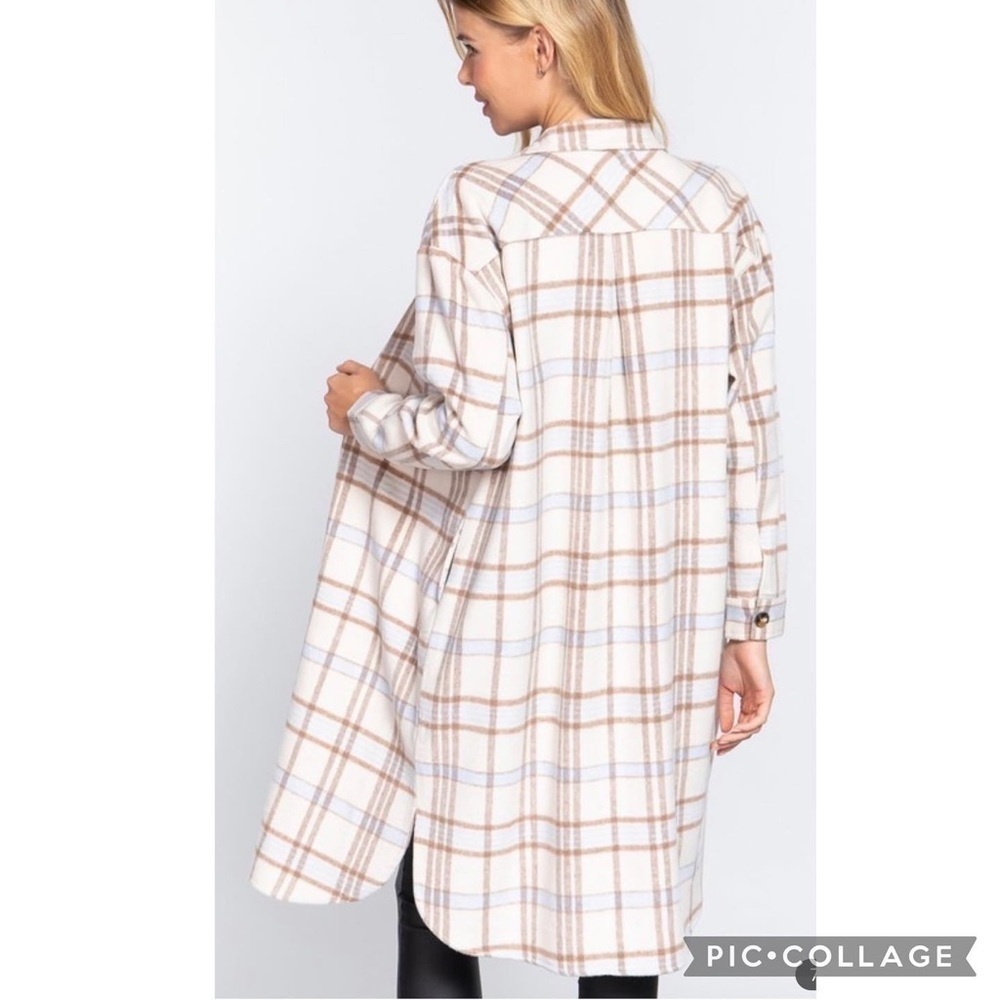 SALE!! Ivory, Baby Blue, & Tan Plaid Coat - Picture 4 of 7